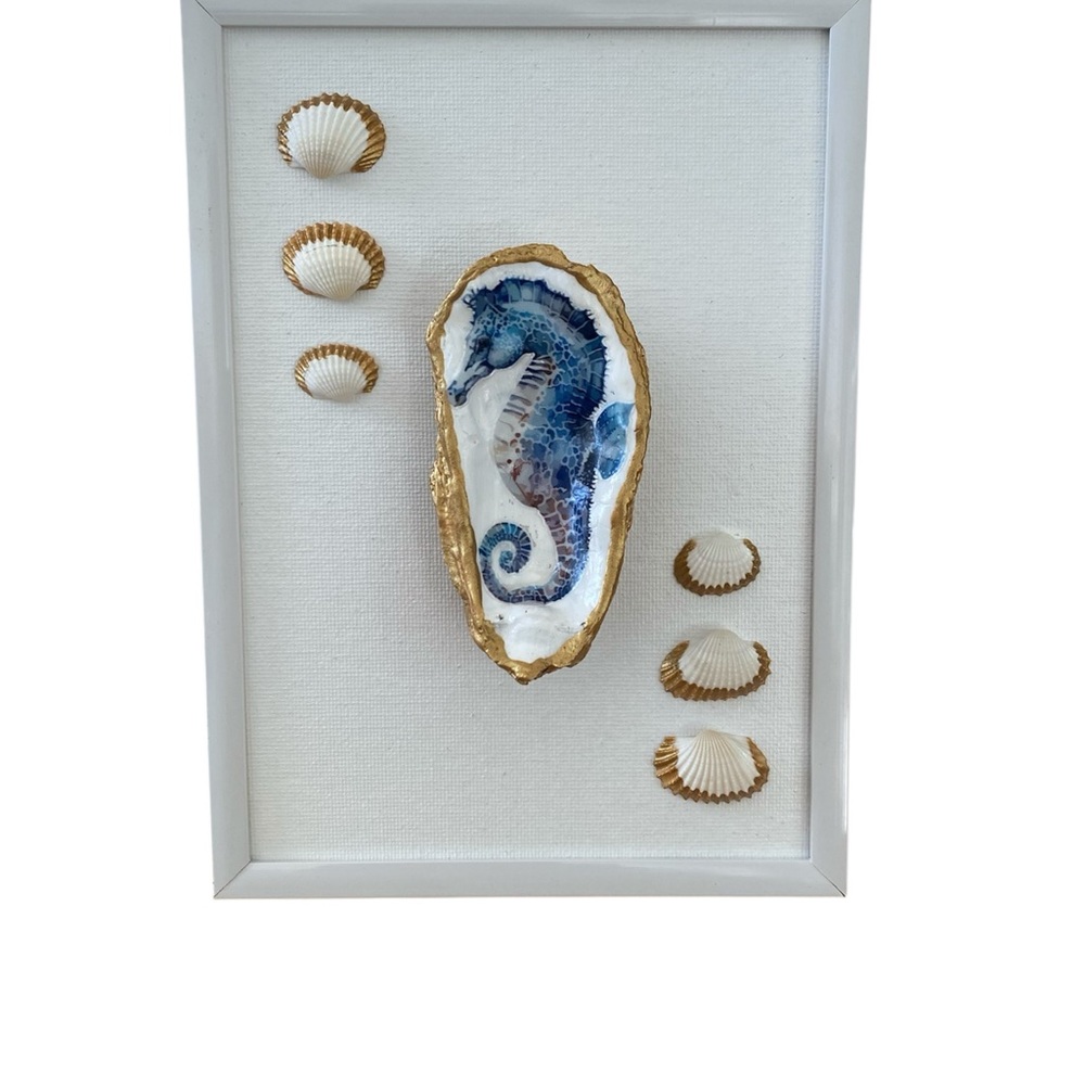 Framed Seahorse Art with Shells hand crafted